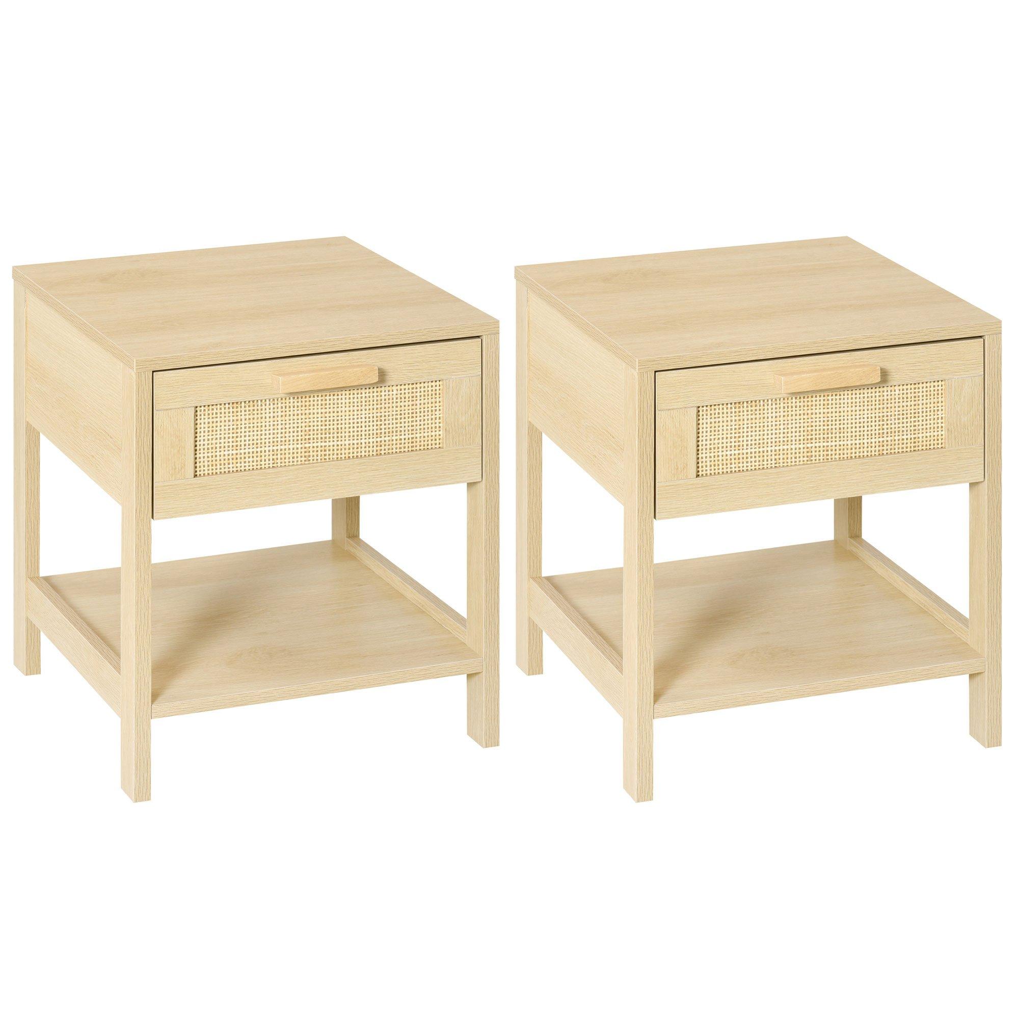 Bedside Table Nightstand with Rattan Drawer Storage Shelf